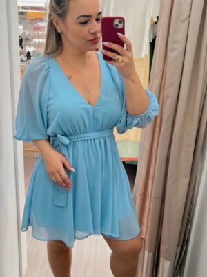 Vestido Azul Feminino com Manga Bufante e Shorts Interno