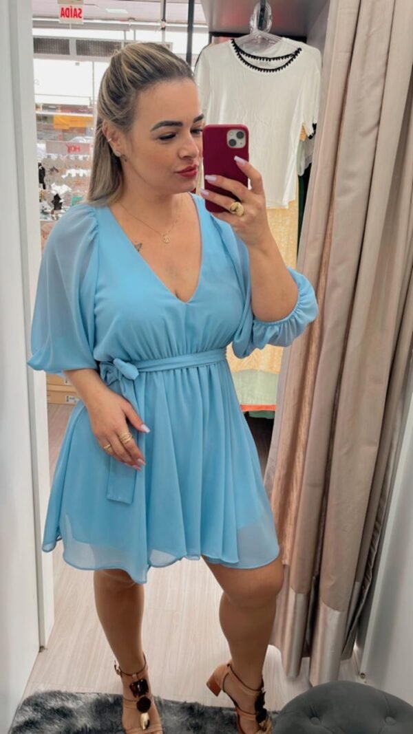 Vestido Azul Feminino com Manga Bufante e Shorts Interno