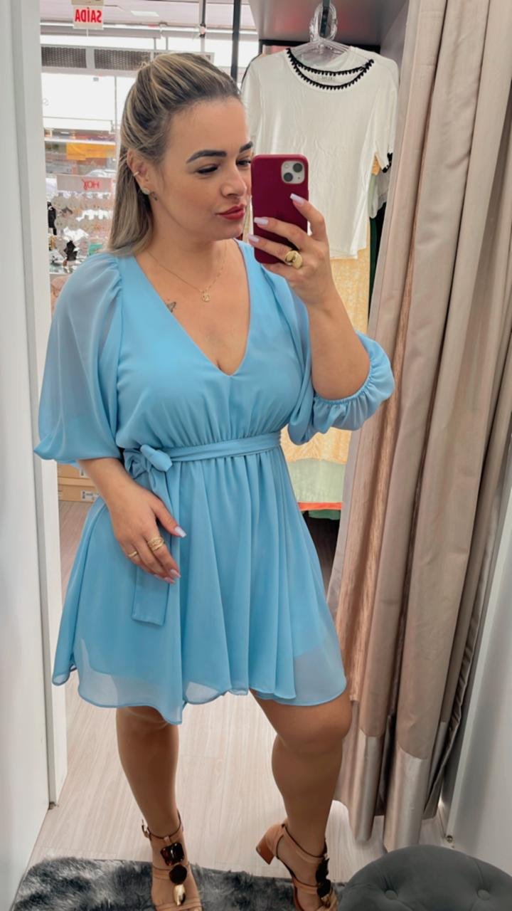 Vestido Azul Feminino com Manga Bufante e Shorts Interno