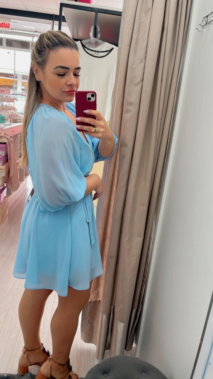 Vestido Azul Feminino com Manga Bufante e Shorts Interno - Imagem 3