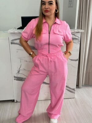 Conjunto Feminino Rosa com Listras