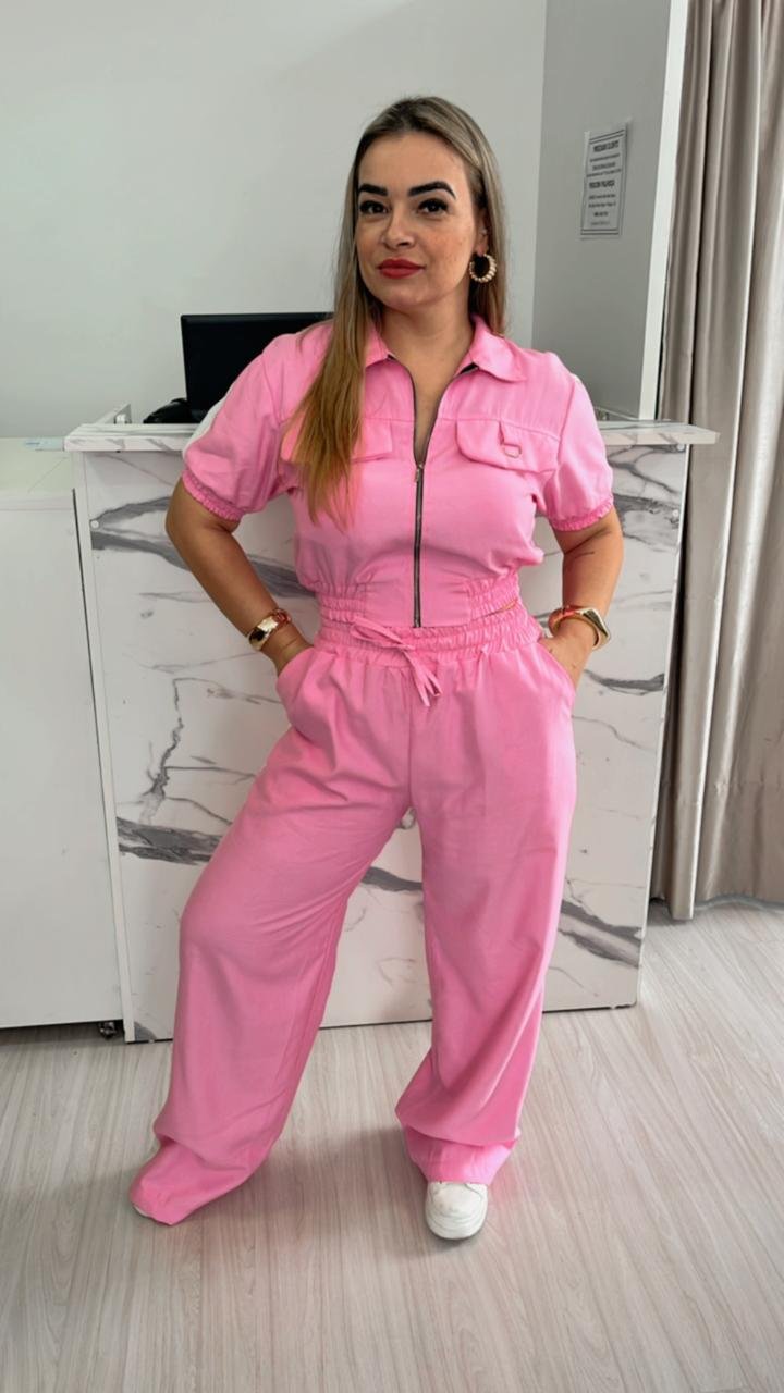Conjunto Feminino Rosa com Listras